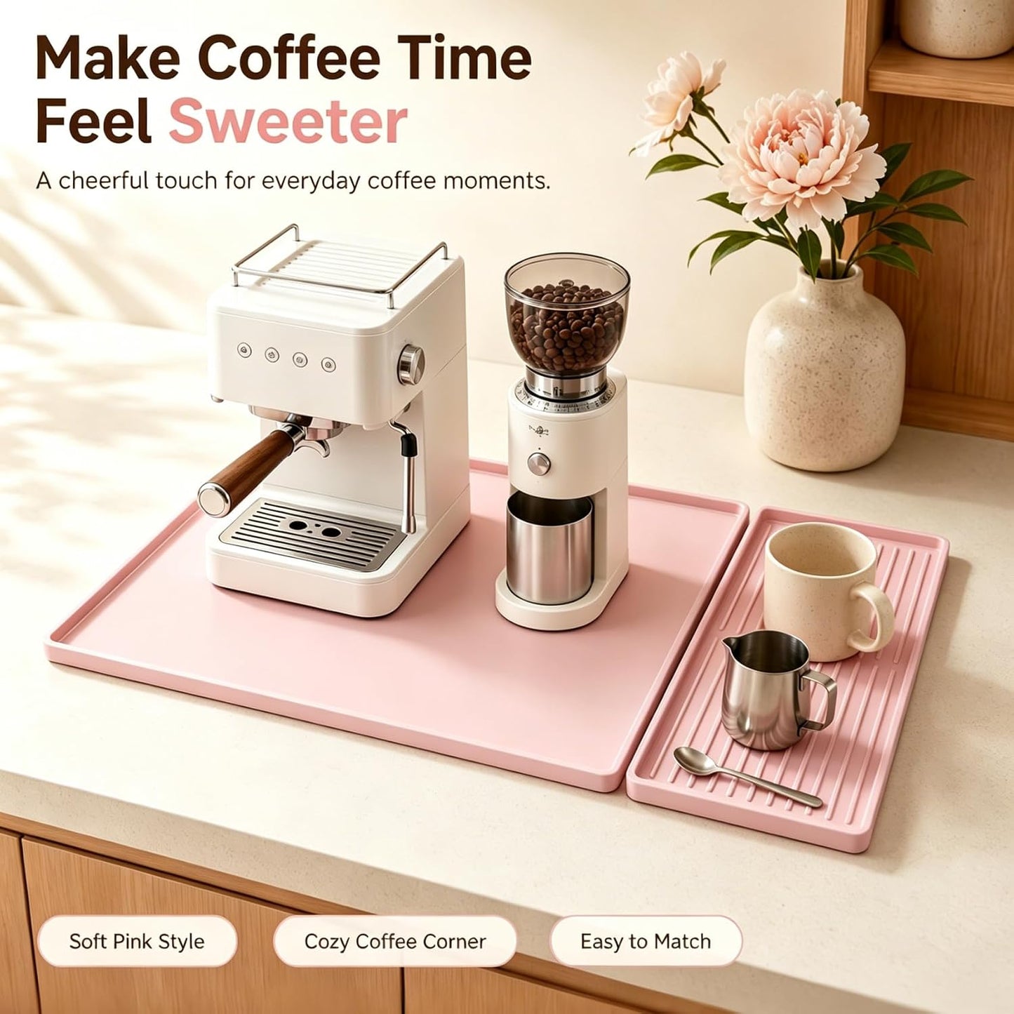 Silicone Coffee Bar Mat 24 x 16 in with Drying Tray, Soft Pink | 24 x 16 in food-grade silicone mat for home/coffee bar; removable tray, raised rim, smooth base adds grip, heat insulation