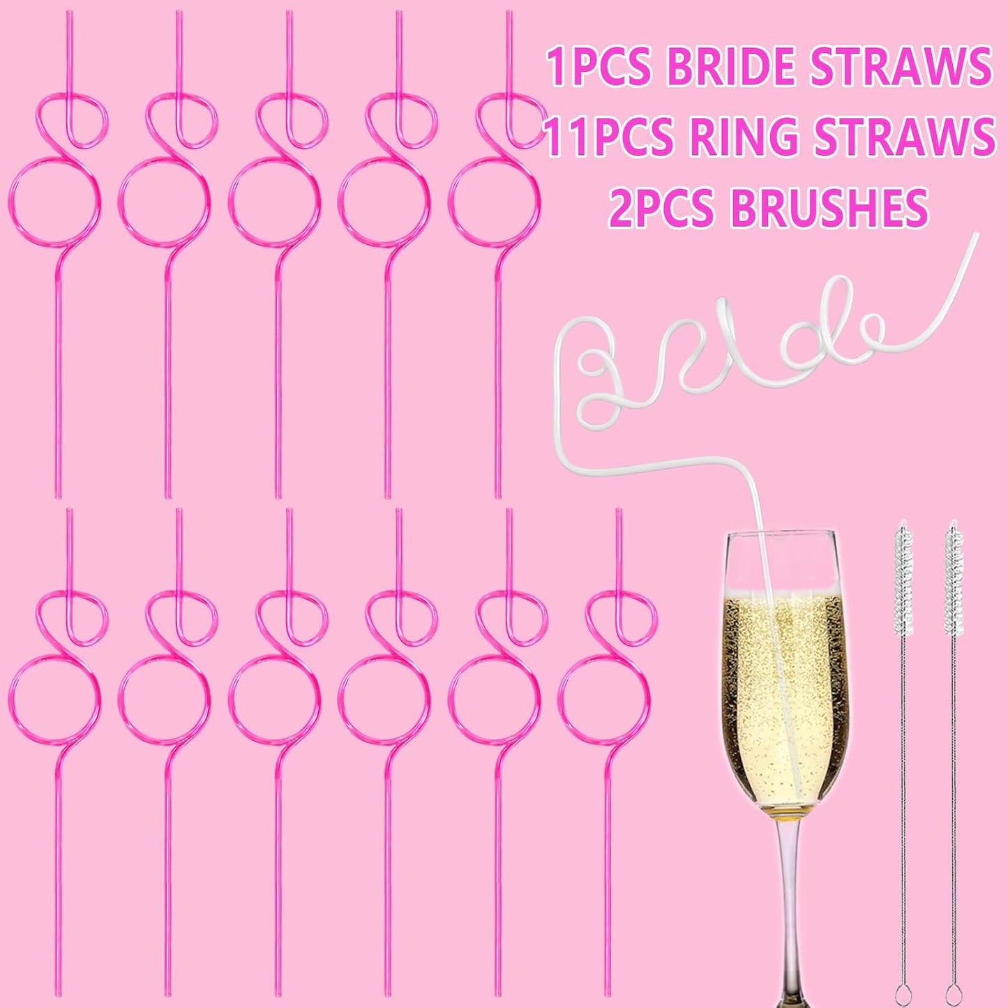 12PCS Bachelorette Party Decorations Drinking Straws - Bridal Shower Party Favors | Engagement Wedding Supplies Bride to Be Gift (1 White Bride Word Straws+ 11 Pink Diamond Ring Straws+2 Brushes)