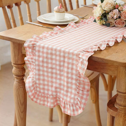 HunnmingRe 1 Pcs Light Pink Plaid Gingham Ruffle Table Runner 118 x 13.8'' Farmhouse Table Runner 100% Cotton Scalloped Long Dresser Scarves for Mother’s Day Dining Room, Wedding, Rustic Home Decor