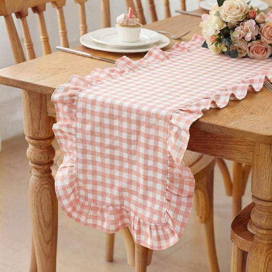 HunnmingRe 1 Pcs Light Pink Plaid Gingham Ruffle Table Runner 118 x 13.8'' Farmhouse Table Runner 100% Cotton Scalloped Long Dresser Scarves for Mother’s Day Dining Room, Wedding, Rustic Home Decor