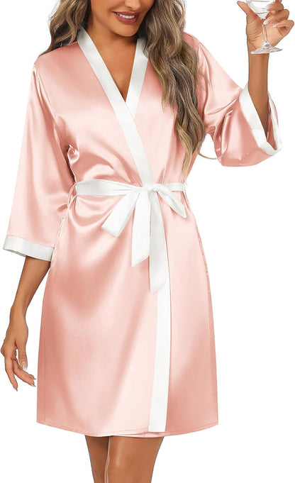 Ekouaer Women's Satin Robes Silk Kimono Bathrobe 3/4 Sleeve Bridal Bridesmaids Robes Soft Silky Sleepwear S-XXL