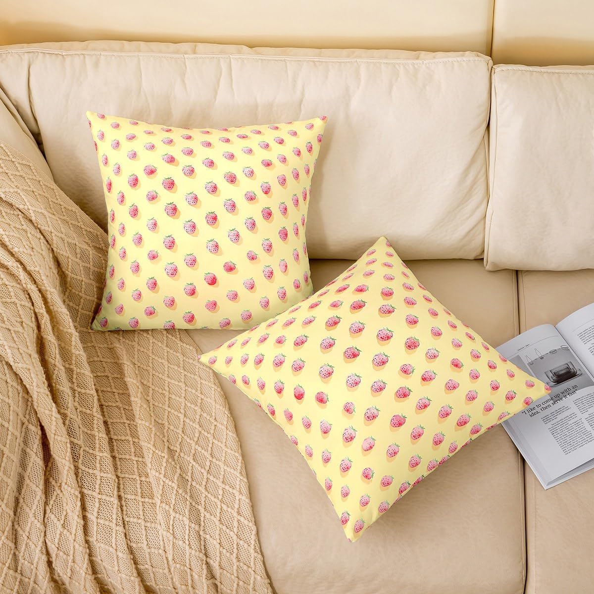 Manfei Cute Strawberry Pattern Throw Pillow Covers Set of 2 Pink Cute Fruit Theme Cushion Covers for Couch Sofa Rustic Warm Style Decorative Pillowcases Yellow Soft Outdoor Pillows Covers,20"x20"