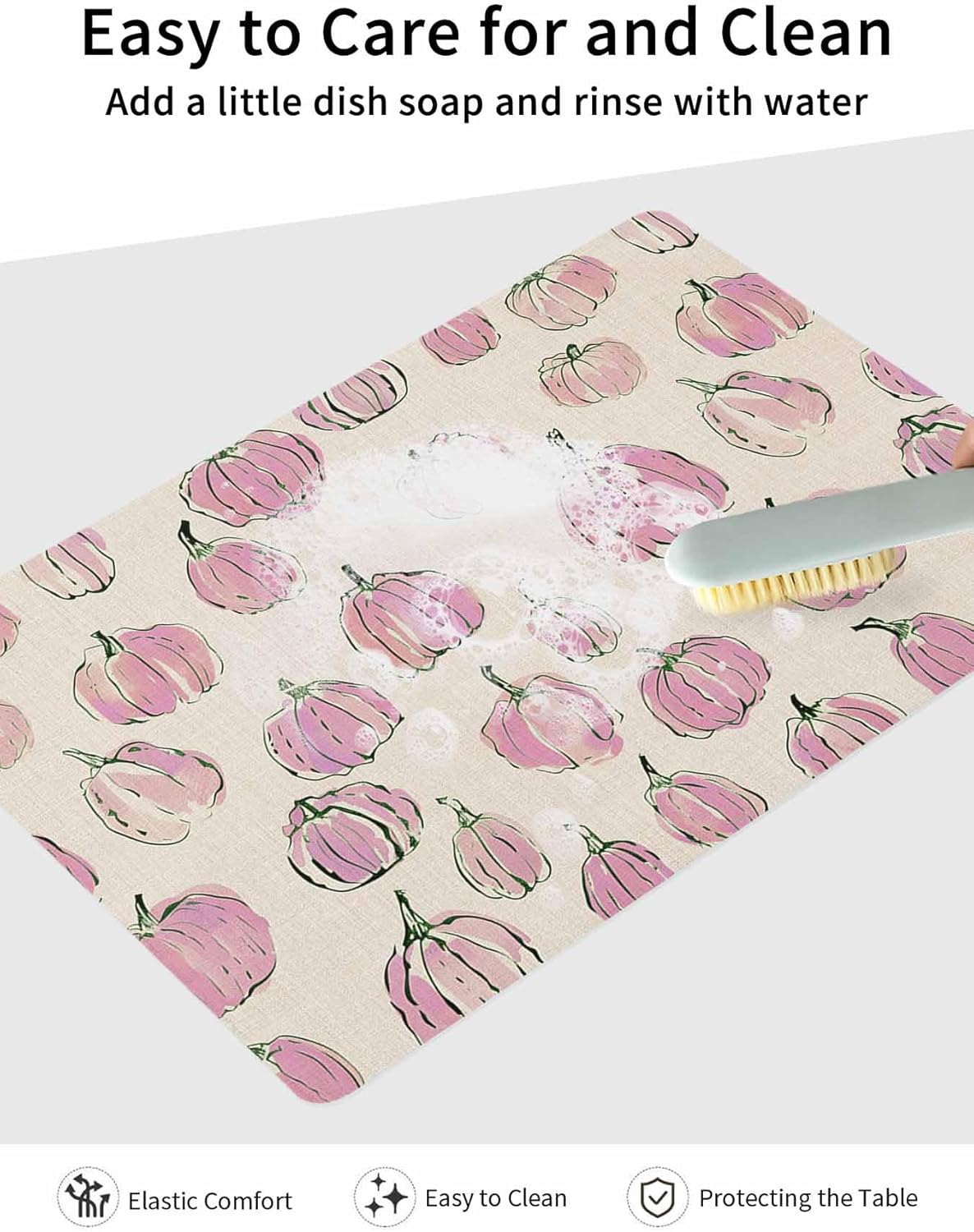 Coffee Mat for Countertops Fall Thanksgiving Light-pink Pumpkin Pattern Retro Linen Absorbent Dish Drying Mat for Kitchen Counter Coffee Bar Accessories Rubber Backed for Espresso Machine 16" x 18"