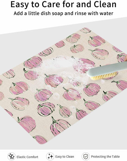 Coffee Mat for Countertops Fall Thanksgiving Light-pink Pumpkin Pattern Retro Linen Absorbent Dish Drying Mat for Kitchen Counter Coffee Bar Accessories Rubber Backed for Espresso Machine 16" x 18"