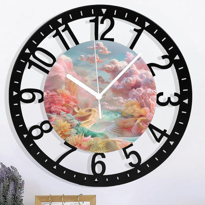 Metal Wall Clock for Living Room -10" Pastel Coral Landscape Pink Clouds Silent Non Ticking,Battery Operated, Antique Clocks for Farmhouse,Bedroom,Kitchen - Arabic Numerals