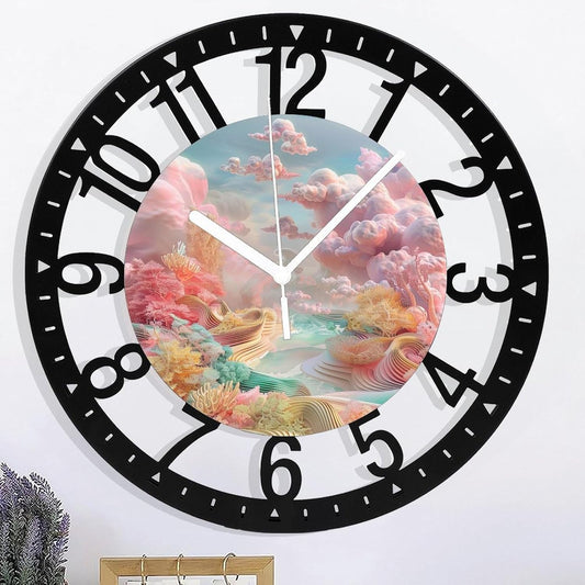 Metal Wall Clock for Living Room -10" Pastel Coral Landscape Pink Clouds Silent Non Ticking,Battery Operated, Antique Clocks for Farmhouse,Bedroom,Kitchen - Arabic Numerals