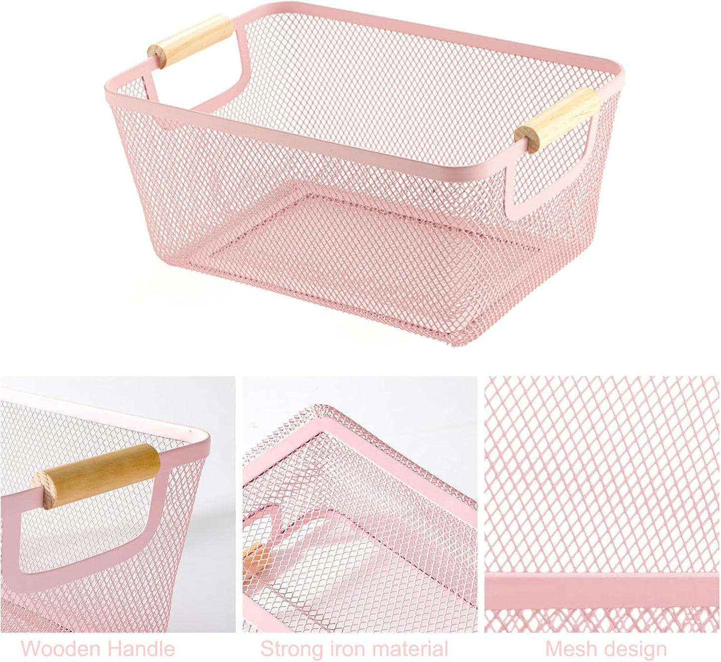 AJIODA Metal Mesh Steel Basket, Medium Wire Storage Organizer Basket Multi-function Hanging Kitchen Basket with Wood Handle for Kitchen Bathroom Picnic Home, Rectangle-Pink