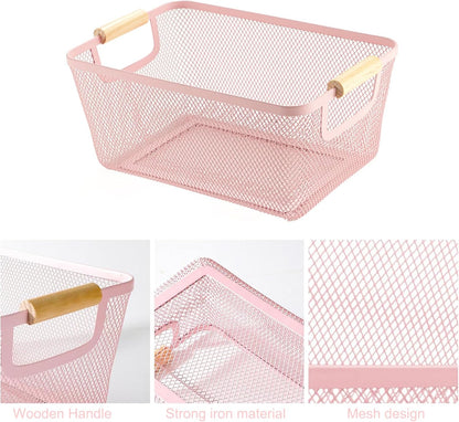 AJIODA Metal Mesh Steel Basket, Medium Wire Storage Organizer Basket Multi-function Hanging Kitchen Basket with Wood Handle for Kitchen Bathroom Picnic Home, Rectangle-Pink