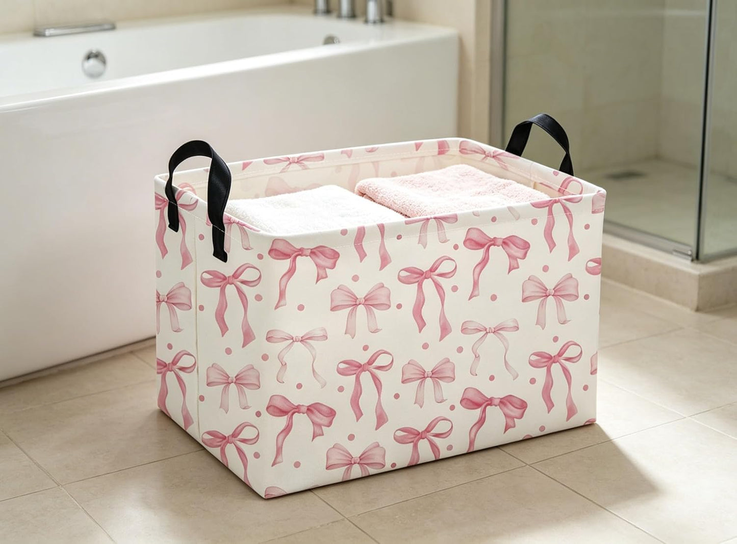 Pink Baskets Girls Basket Rectangular Cute Storage Bin for Room Decor(Pink bownot)