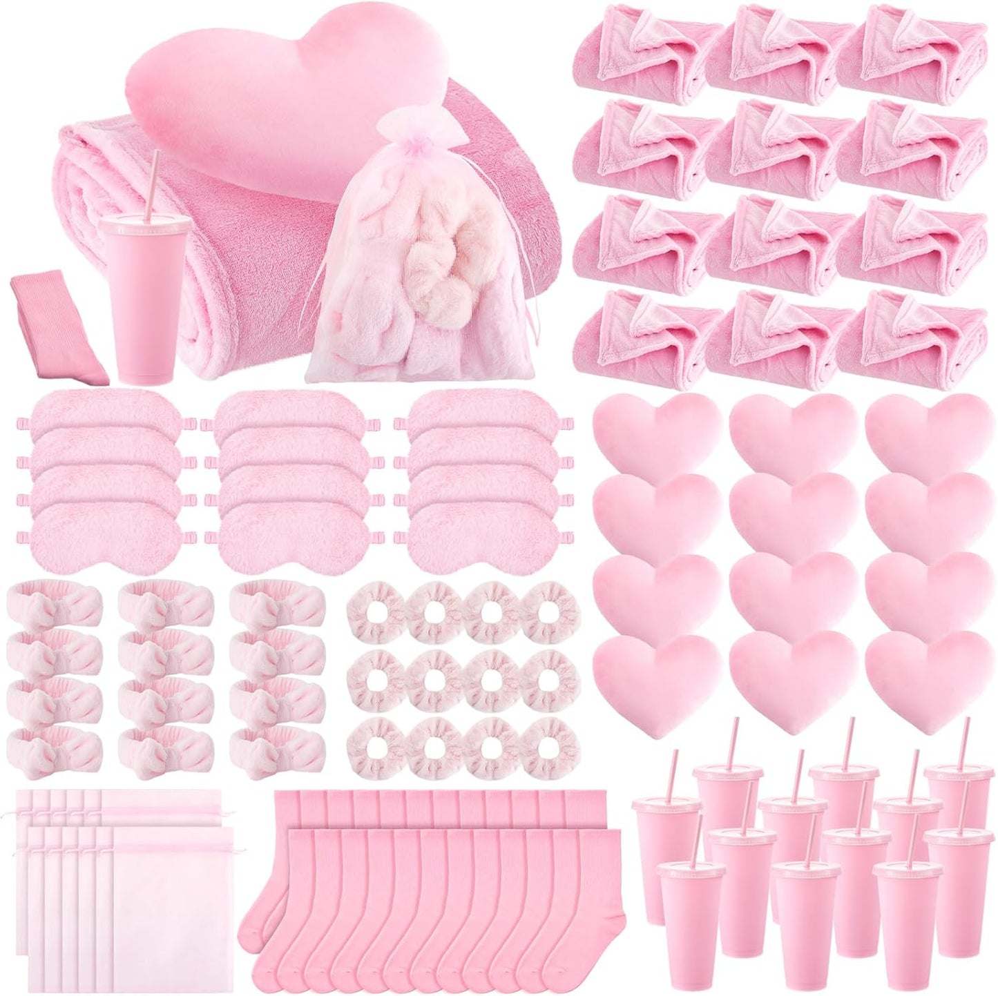 Fanfanwin 96 Pcs Sleepover Party Supplies Pink Spa Birthday Slumber Pajamas Night Galentines Day Party Favors Decoration 12 Pack Throw Blanket, Pillow, Headband, Scrunchies, Eye Mask, Cup, Socks
