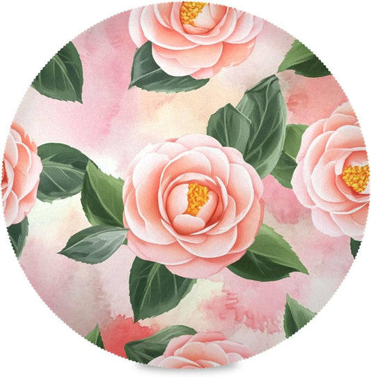 Round Placemats Set of 6 Peach-Pink Camellia Washable Non-Slip Heat Resistant Place Mats, 15.4” Dining Table Place Mats for Kitchen Holiday Party Decoration