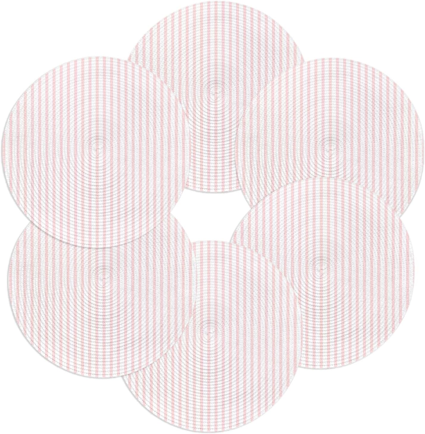 Round 13'' Placemats Set of 6, Pink Vertical Striped HeatResistant Polypropylene Placemats, Farmhouse Thin Line Stripes Washable Woven Braided Place Mats for Dining Table, Non Slip Kitchen Table Decor