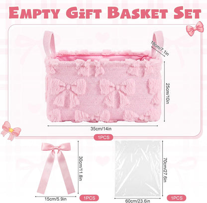 Pink Bow Storage Basket with Handles for Gifts 14 x 11 in Large Bow Basket for Nursery Living Room with Clear Gift Bags and Pink Bows for Wedding Baby Shower Brithday Graduation Party Supply