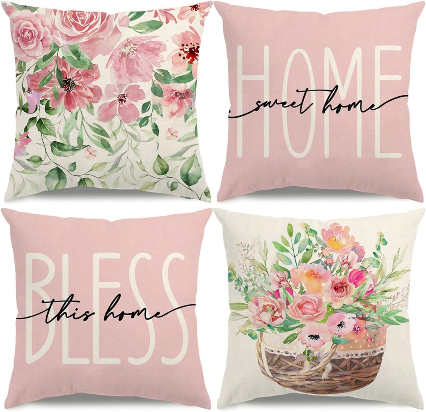 Spring Summer Pillow Covers 18x18 Floral Spring Summer Decorations Home Sweet Home Pink Throw Pillow Covers Bless This Home Farmhouse Cushion Case for Sofa Couch Set of 4