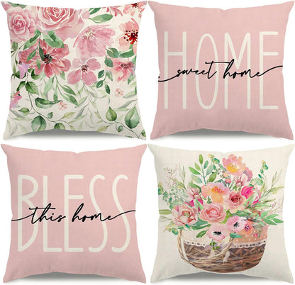 Spring Summer Pillow Covers 18x18 Floral Spring Summer Decorations Home Sweet Home Pink Throw Pillow Covers Bless This Home Farmhouse Cushion Case for Sofa Couch Set of 4