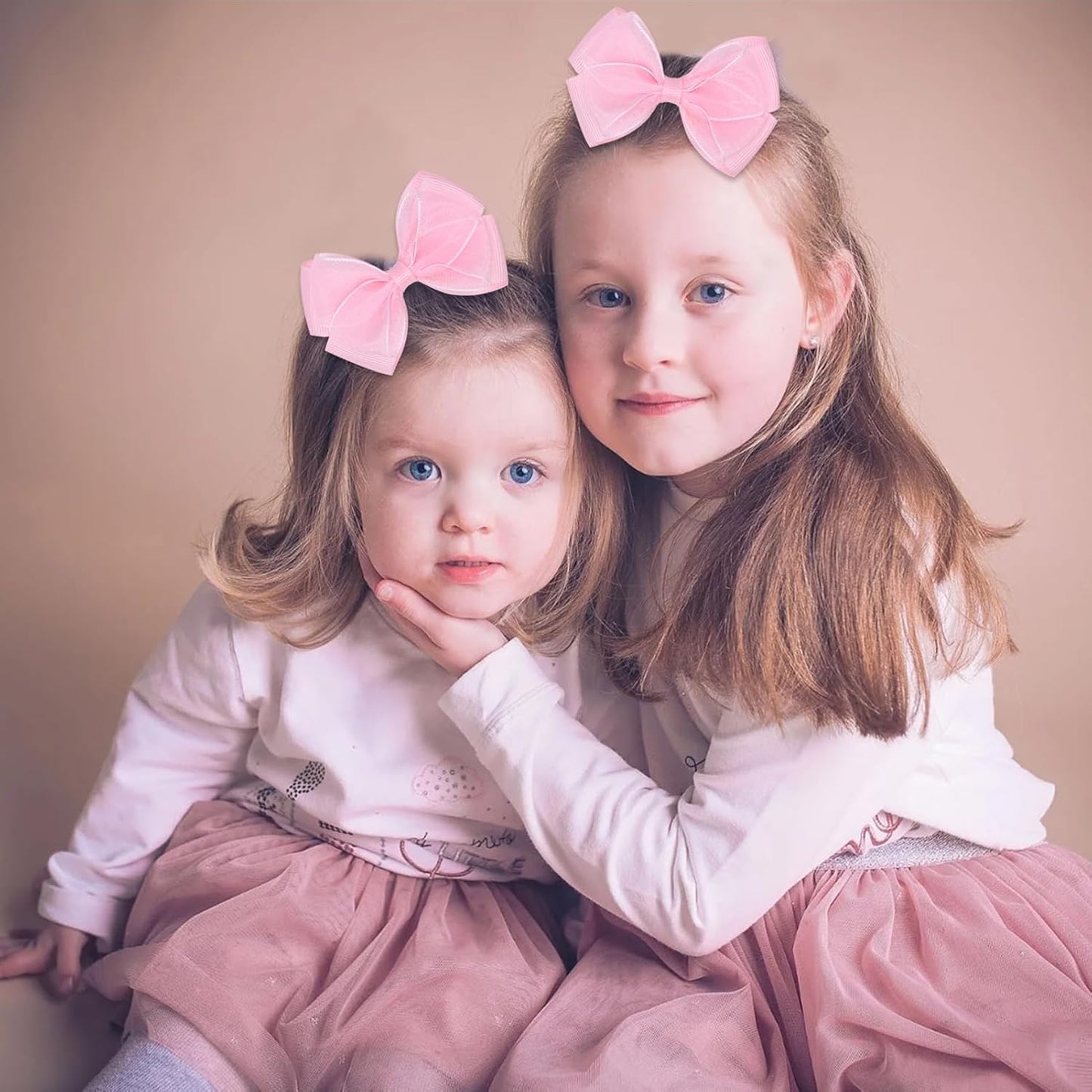 Tiny 3 Inch Organza Double Hair Bow Clips - Lined Boutique Alligator Hairpin for Baby Girls, Toddlers, and Little Teens - Kids Barrettes Set of 2 Small Stylish (Light Pink)