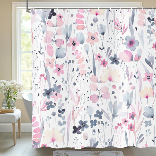 deFouliao Watercolor Floral Shower Curtain Pink Cute Flower Plant Bathroom Curtain for Bathtub Modern Minimalist Waterproof Fabric Shower Curtains Set with Hooks, 72x72 Inch