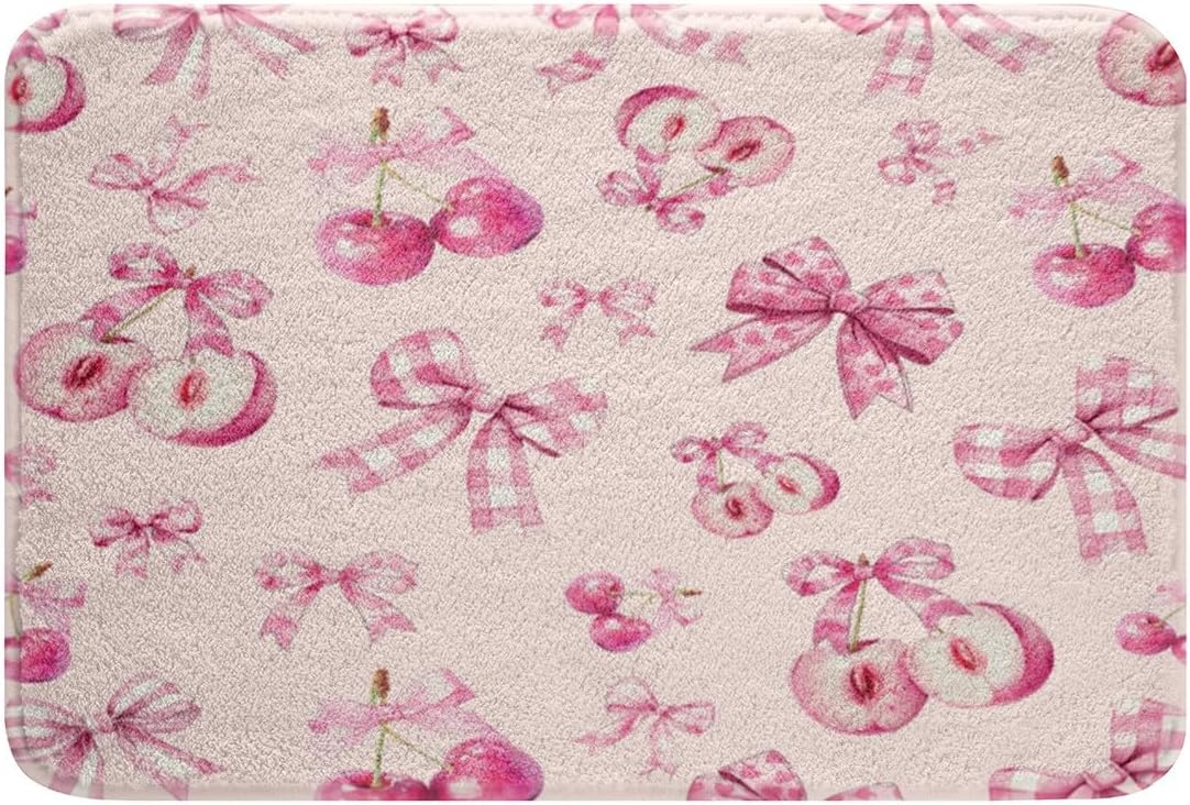 Erosebridal Girls Pink Cherry Bow Bath Mat 20"X 32", Dreamy Princess Pink Bows Bathroom Rugs for Kids Teens Women, Cute Bow Tie Doormat Bowknot Non Slip Bath Rug