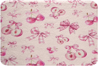 Erosebridal Girls Pink Cherry Bow Bath Mat 20"X 32", Dreamy Princess Pink Bows Bathroom Rugs for Kids Teens Women, Cute Bow Tie Doormat Bowknot Non Slip Bath Rug