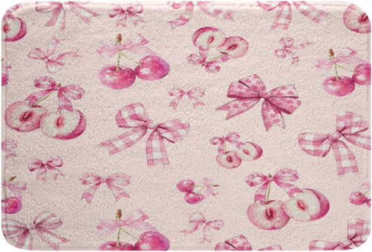 Erosebridal Girls Pink Cherry Bow Bath Mat 20"X 32", Dreamy Princess Pink Bows Bathroom Rugs for Kids Teens Women, Cute Bow Tie Doormat Bowknot Non Slip Bath Rug