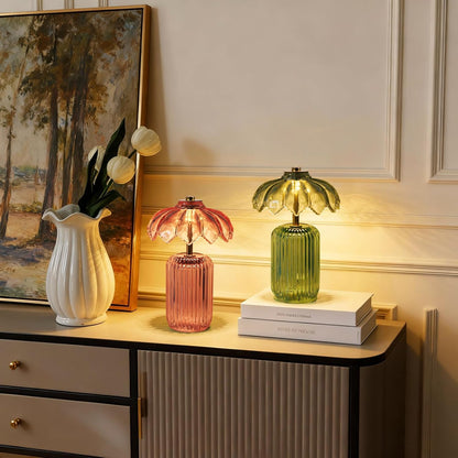 MJ PREMIER Cordless Lamp, Battery Operated Lamp with Timer, Crystal Glass Flower Lampshade, Small Table Lamps, Decorative Led Light for Bedroom Living Room Shelf (S-Pink)