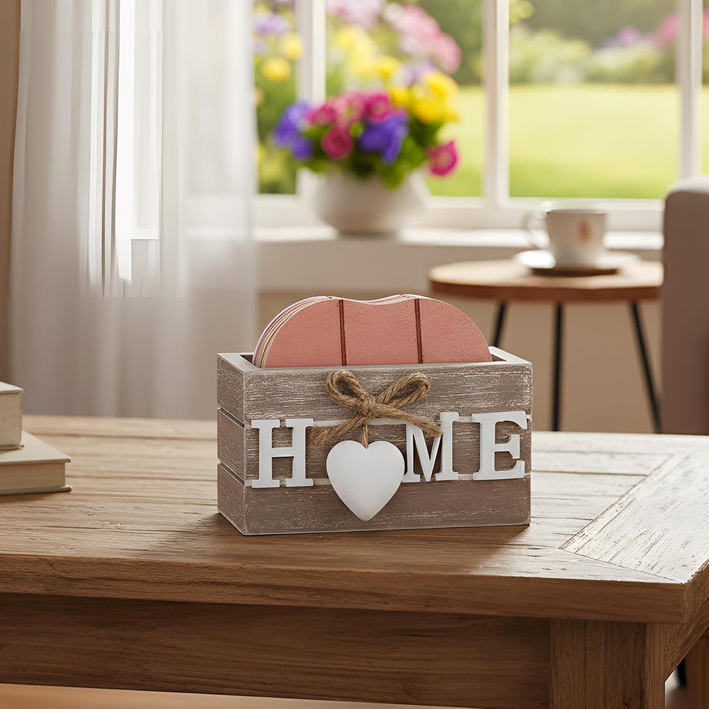 Patelai Set of 6 Wooden Heart Coasters House Warming Gifts New Home White Elephant Gifts for Adults Funny Farmhouse Coasters with Holder for Coffee Table Protection Decoration(Home,Warm Pink)