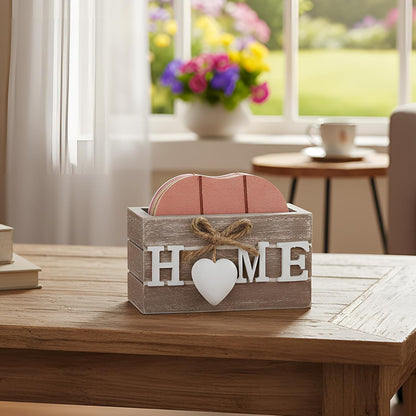 Patelai Set of 6 Wooden Heart Coasters House Warming Gifts New Home White Elephant Gifts for Adults Funny Farmhouse Coasters with Holder for Coffee Table Protection Decoration(Home,Warm Pink)