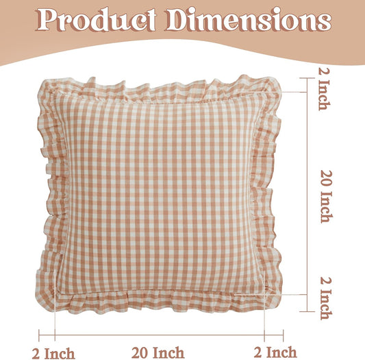 KKJIAF Ruffle Gingham Pillow Covers 20 x 20 Inches, Cotton Gingham Pillow Cases Set of 2, Linen Feel Ruffled Plaid Pillow Shams with Envelope Closure for Sofa Bed (Light Pink Plaid)