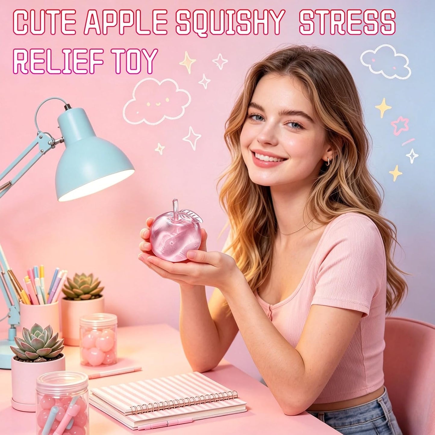 Stress Relief Toy, Apple Squishy, Squishy Apple Slow Rising Fruit Squishies, Clear Cute Fruit Stress Ball for Adults, Cute Funny Desk Decor (Pink)