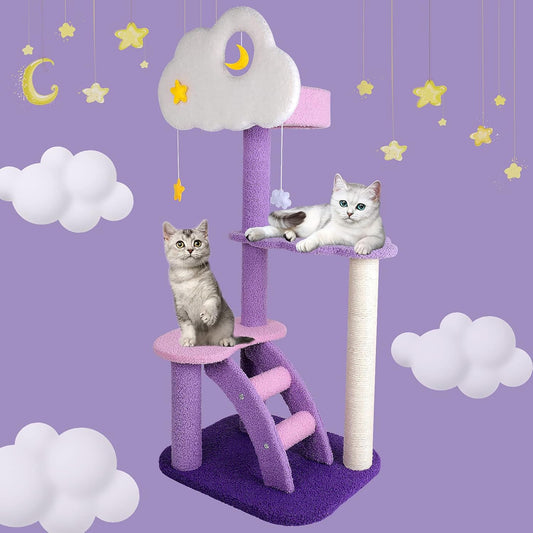 Lucky Monet 43 Inches Cat Tree Tower for Indoor Cats, 3-Layer Purple Cute Purple Pink Cat Tree Unique Cat Condo with Scratching Post