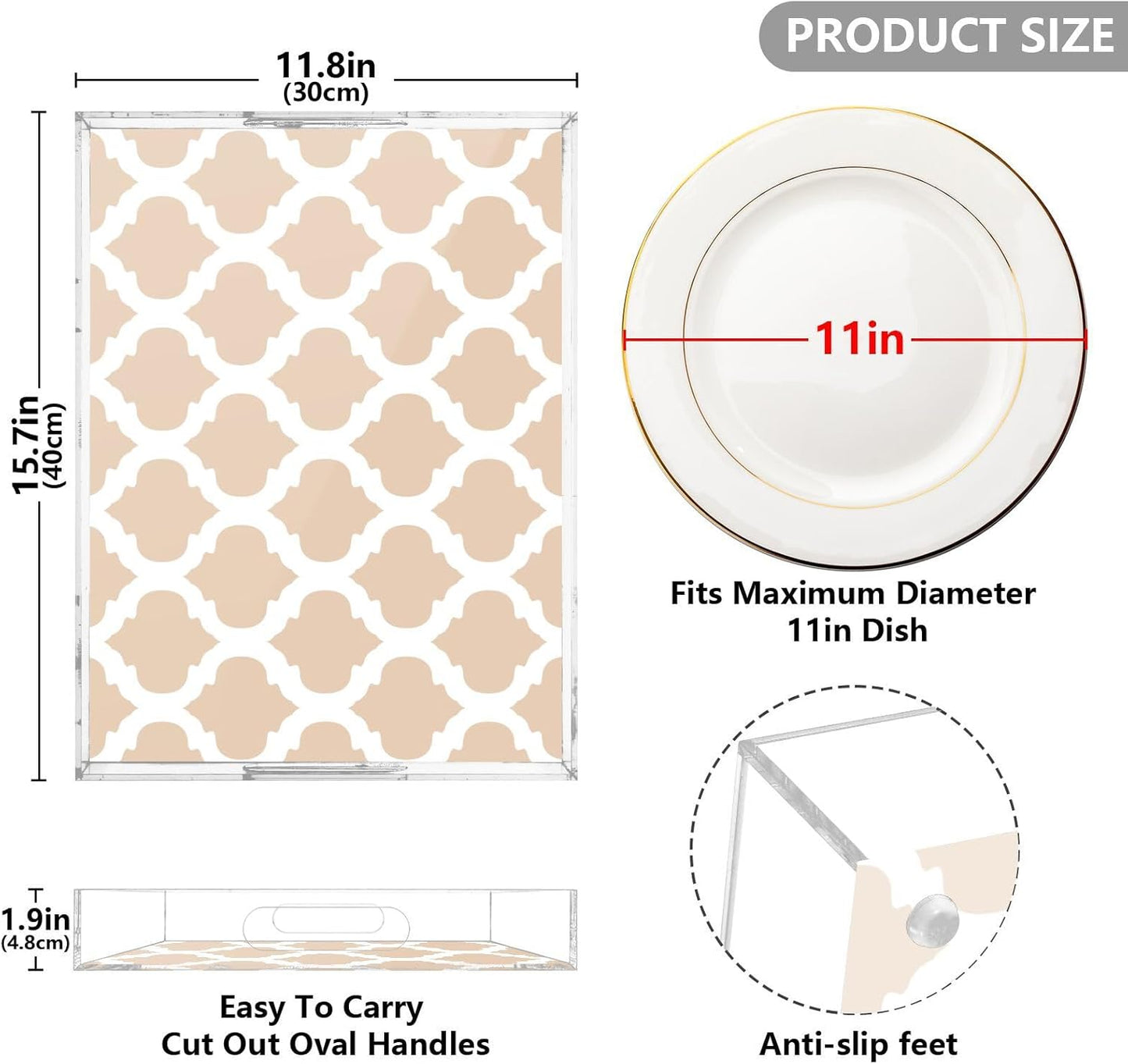 Peach Moroccan Serving Tray with Handles Large Plastic Trays Rectangular Decorative Serving Platters for Breakfast Kitchen Food Party Coffee Table