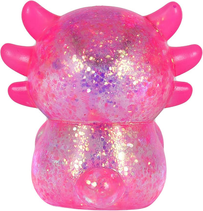 Axolotl Squishy Stress Relief Toy – Glitter Fidget Toy Cute Squeeze Toy for Kids & Adults, Sensory Anxiety Relief Squishy Toy, Party Favor Desk Fidget (Pink Sitting Style)