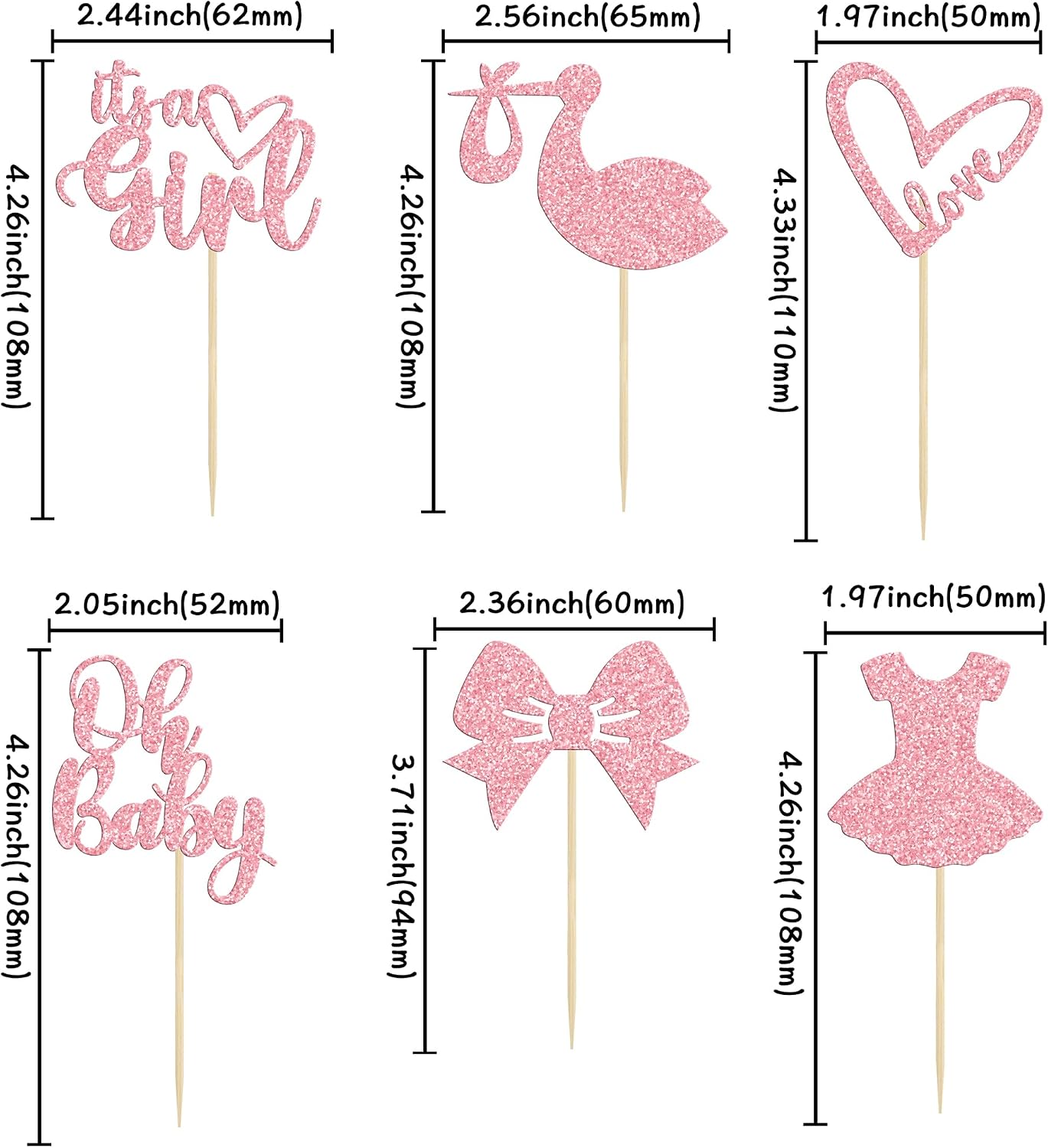 Gyufise 36 Pack Oh Baby Cupcake Toppers It's a Girl Cupcake Toppers with Bow Dress Love Heart Pink Glitter Cake Picks Decorations for Baby Shower Girl Birthday Party Supplies
