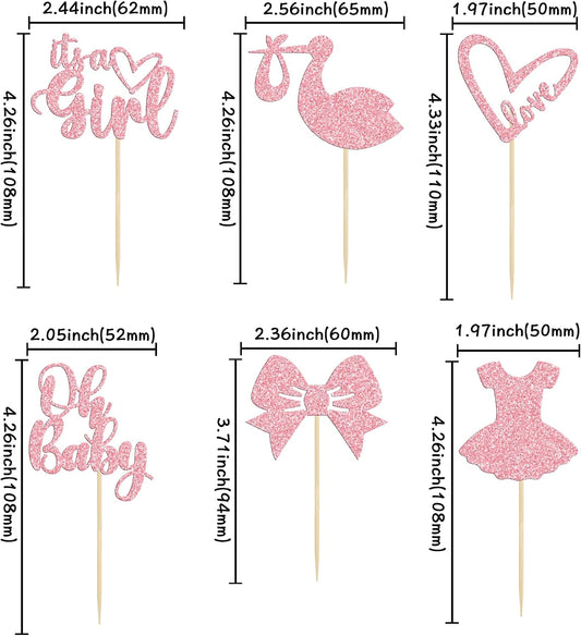 Gyufise 36 Pack Oh Baby Cupcake Toppers It's a Girl Cupcake Toppers with Bow Dress Love Heart Pink Glitter Cake Picks Decorations for Baby Shower Girl Birthday Party Supplies