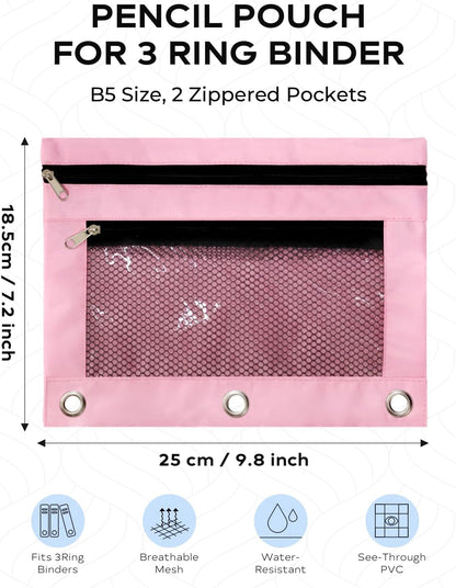 3 Ring Binder Pencil Pouch - Oxford Fabric Pencil Case with 2 Zippered Pockets, Clear Mesh Window Pencil Bag, B5 Size for Office & Travel Supplies (Pink)