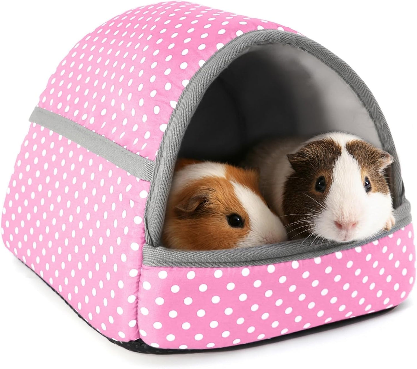 Guinea Pig Hideout with Cuddle Pouch - Washable Dwarf Rabbit Bed, Durable Fabric with Soft Lining - Small Animal Cage Accessories - Pink Dot