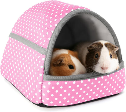 Guinea Pig Hideout with Cuddle Pouch - Washable Dwarf Rabbit Bed, Durable Fabric with Soft Lining - Small Animal Cage Accessories - Pink Dot