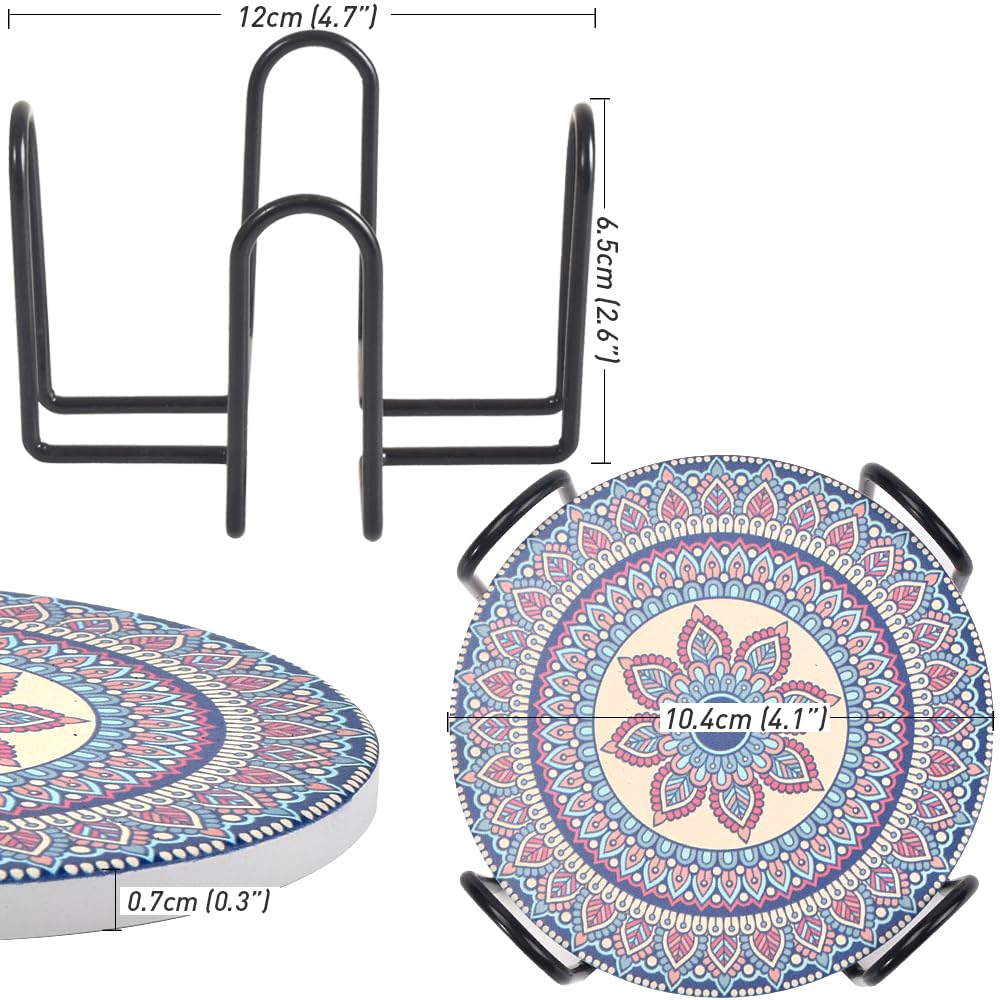 Newk Ceramic Absorbent Coasters - Set of 8 with Metal Holder, Light Colorful Mandala Patterns for Coffee Table, Great Housewarming Gifts