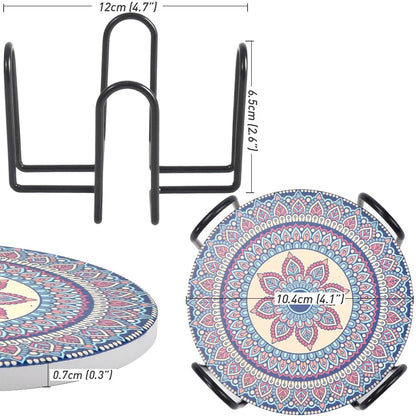 Newk Ceramic Absorbent Coasters - Set of 8 with Metal Holder, Light Colorful Mandala Patterns for Coffee Table, Great Housewarming Gifts
