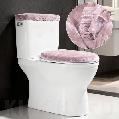 Stretch Velvet Toilet Lid Cover and Tank Lid Cover Set With Elastic Bottom for Bathroom Decor (Pink)