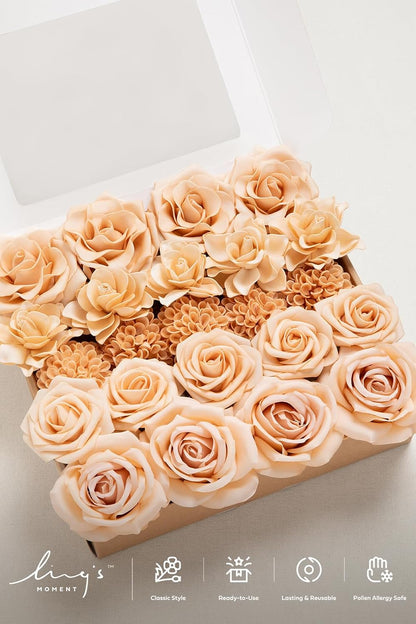 Ling's moment Artificial Flowers Fake Silk Roses Faux Dahlia Foam Gardenia Combo for DIY Wedding Bouquets Centerpieces Arrangements Bridal Shower Party Home Decorations, Apricot & Peach, 24pcs