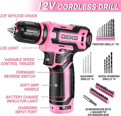 Pink Drill Tool Set Kit DEKOPRO Power Cordless Drill Tool Box with 12V Electric Pink Drill Driver Set for Women Home Hand Repair Tools Sets Drills Case
