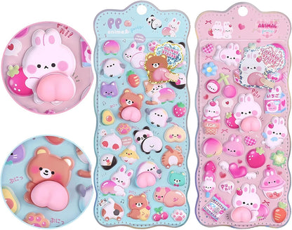 Kawaii Puffy Sticker Set, 3D Bubble Animal Foam Sheets for Kids Girls, Squishy Bear Bunny Peach Designs for Phone Case Laptop Notebook Scrapbook DIY, Cute Pastel Gift Pack, 2 Sheets (Blue & Pink)