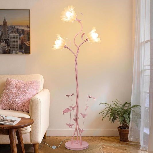 TOBUSA Flower Floor Lamp for Bedroom, 3-Head Whimsical Pink Floor Lamp with Flexible Gooseneck, 67’’ Tall Retro Floral Standing Lamp for Living Room, Modern Unique Cute Flower Corner Lamp for Girl