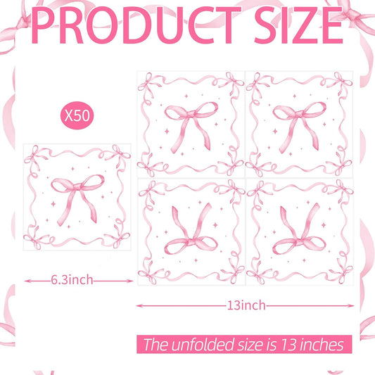 50 Pack Pink Ribbon Bow Paper Napkins, Disposable Coquette-Inspired Bow Cocktail Napkins for Girls Birthday, Sweetie-Soirées, Baby Shower, Bridal Shower, Bachelorette, and Tea Party Decorations