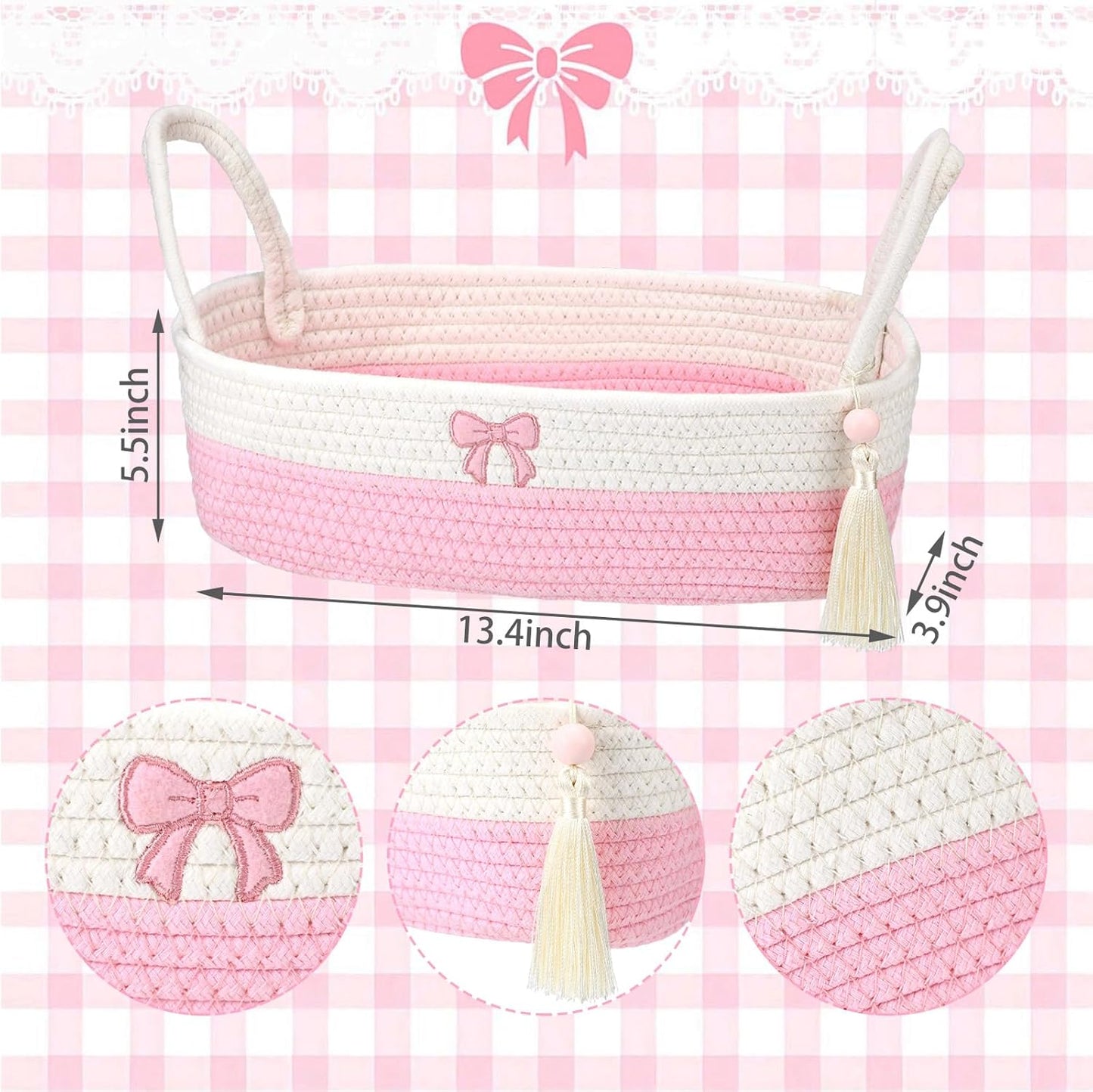 Pink Bow Woven Toilet Paper Basket - Cotton Rope Storage Basket with Handles, Oval Woven Bathroom Organizer Storage Baskets, Decorative Gift Bin for Towels, Kitchen & Vanity, 13.4"×5.5"×3.9"