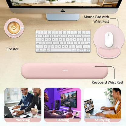 Sushret Mouse Pad and Keyboard Wrist Rest, 3-in-1 Gel Memory Foam Ergonomic Mouse Pad with Wrist Rest Set, Gaming Mousepad Arm Cushion Support for Computer Office Desk Accessories Cute Setup, Pink