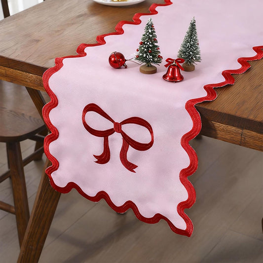 15" x 69" Pink Bow Table Runner for Wedding Christmas Birthday Party Decorations Cute Embroidered Ruffle Red Pink Bows Table Runner for Baby Shower Valentines Day Home Kitchen Dining Room Decor