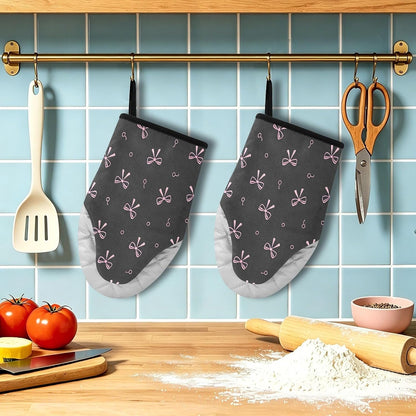 Pink Bows Black Non-Slip Oven Mitts Set Heat Resistant Kitchen Gloves with Quilted Liner Cotton Machine Washable with Hanging Loop for Baking Grilling BBQ