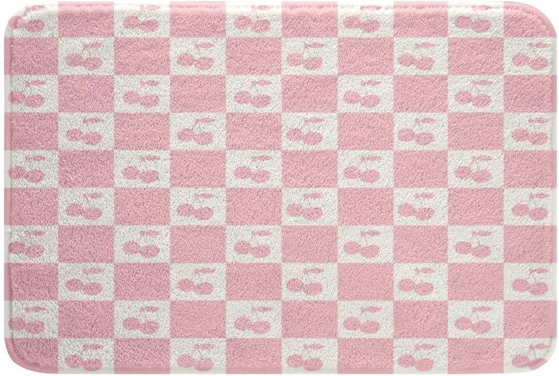 Feelyou Checkered Bathroom Rugs Cherry Pink Bath Mats Microfiber Plaid Bathroom Accessories Checkerboard Cherry Floor Doormats Non-Slip 16"x24" Soft
